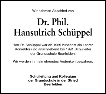 Traueranzeige von Hansulrich Schüppel von Odenwälder Echo