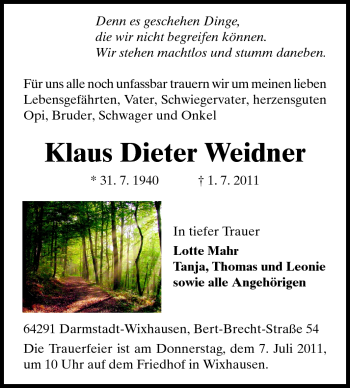 Traueranzeige von Klaus Dieter Weidner von Echo-Zeitungen (Gesamtausgabe)