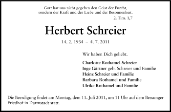 Traueranzeige von Herbert Schreier von Darmstädter Echo, Odenwälder Echo, Rüsselsheimer Echo, Groß-Gerauer-Echo, Ried Echo