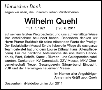 Traueranzeige von Wilhelm Quehl von Echo-Zeitungen (Gesamtausgabe)