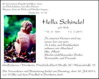 Traueranzeige von Hella Schindel von Rüsselsheimer Echo, Groß-Gerauer-Echo, Ried Echo