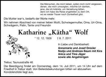 Traueranzeige von Katharine Wolf von Rüsselsheimer Echo, Groß-Gerauer-Echo, Ried Echo