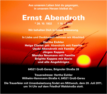 Traueranzeige von Ernst Abendroth von Rüsselsheimer Echo, Groß-Gerauer-Echo, Ried Echo
