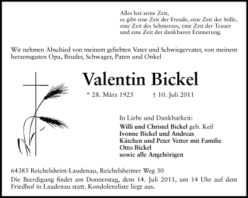 Traueranzeige von Valentin Bickel von Odenwälder Echo
