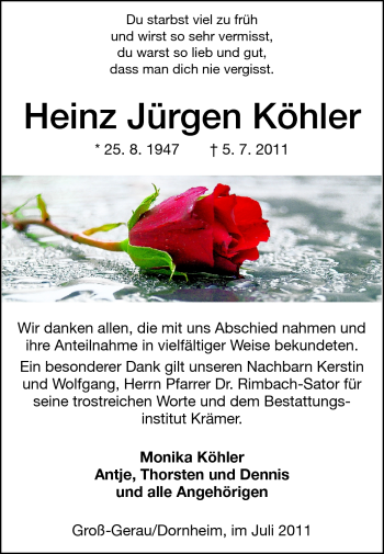 Traueranzeige von Heinz Jürgen Köhler von Rüsselsheimer Echo, Groß-Gerauer-Echo, Ried Echo