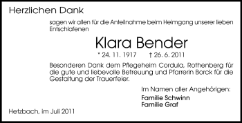 Traueranzeige von Klara Bender von Odenwälder Echo