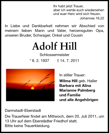 Traueranzeige von Adolf Hill von Echo-Zeitungen (Gesamtausgabe)