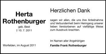 Traueranzeige von Herta Rothenburger von Rüsselsheimer Echo, Groß-Gerauer-Echo, Ried Echo