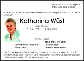 Traueranzeige von Katharina Wüst von Darmstädter Echo, Odenwälder Echo, Rüsselsheimer Echo, Groß-Gerauer-Echo, Ried Echo