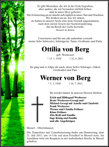 Traueranzeige von Ottilia und Werner von Berg von Darmstädter Echo, Odenwälder Echo, Rüsselsheimer Echo, Groß-Gerauer-Echo, Ried Echo