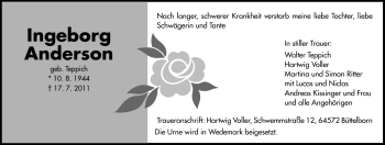 Traueranzeige von Ingeborg Anderson von Rüsselsheimer Echo, Groß-Gerauer-Echo, Ried Echo