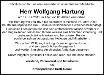 Traueranzeige von Wolfgang Hartung von Rüsselsheimer Echo, Groß-Gerauer-Echo, Ried Echo