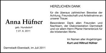 Traueranzeige von Anna Hüfner von Echo-Zeitungen (Gesamtausgabe)