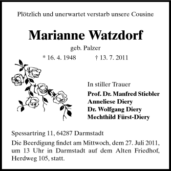 Traueranzeige von Marianne Watzdorf von Darmstädter Echo, Odenwälder Echo, Rüsselsheimer Echo, Groß-Gerauer-Echo, Ried Echo