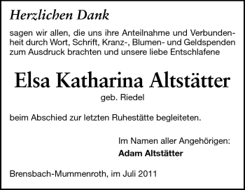 Traueranzeige von Elsa Katharina Altstätter von Odenwälder Echo