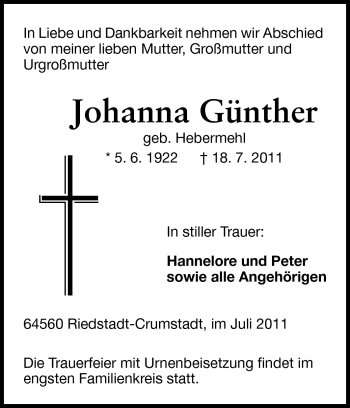 Traueranzeige von Johanna Günther von Darmstädter Echo, Odenwälder Echo, Rüsselsheimer Echo, Groß-Gerauer-Echo, Ried Echo