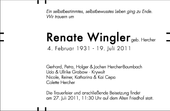 Traueranzeige von Renate Wingler von Echo-Zeitungen (Gesamtausgabe)