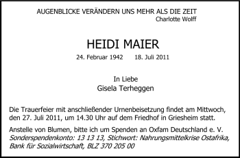 Traueranzeige von Heidi Maier von Echo-Zeitungen (Gesamtausgabe)