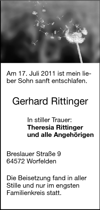 Traueranzeige von Gerhard Rittinger von Echo-Zeitungen (Gesamtausgabe)