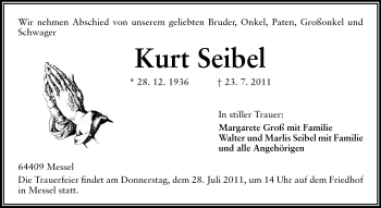 Traueranzeige von Kurt Seibel von Darmstädter Echo, Odenwälder Echo, Rüsselsheimer Echo, Groß-Gerauer-Echo, Ried Echo