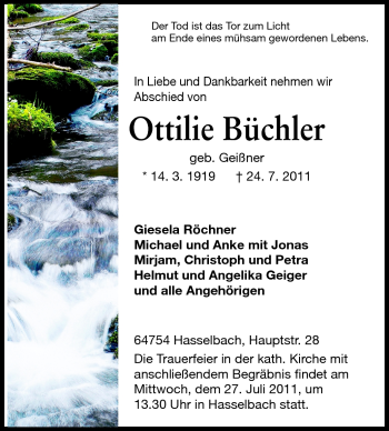 Traueranzeige von Ottilie Büchler von Odenwälder Echo
