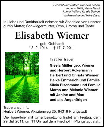 Traueranzeige von Elisabeth Wiemer von Echo-Zeitungen (Gesamtausgabe)