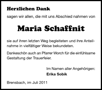 Traueranzeige von Maria Schaffnit von Echo-Zeitungen (Gesamtausgabe)
