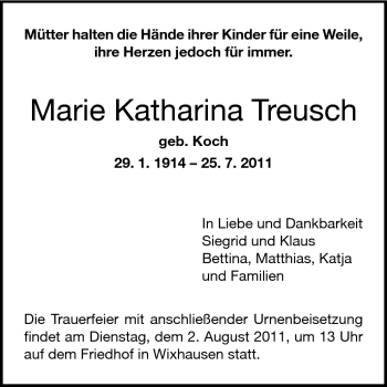 Traueranzeige von Marie Katharina Treusch von Echo-Zeitungen (Gesamtausgabe)
