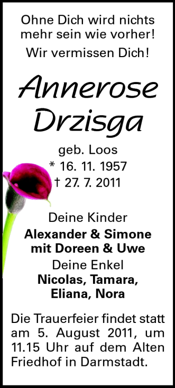 Traueranzeige von Annerose Drzisga von Echo-Zeitungen (Gesamtausgabe)