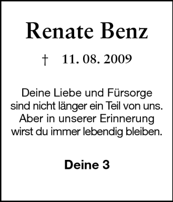 Traueranzeige von Renate Benz von Echo-Zeitungen (Gesamtausgabe)