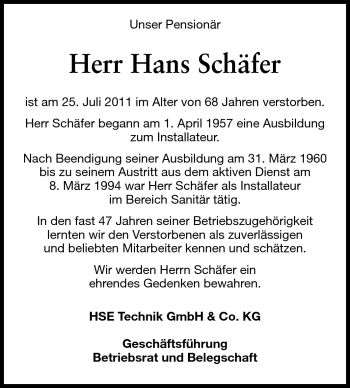 Traueranzeige von Hans Schäfer von Echo-Zeitungen (Gesamtausgabe)
