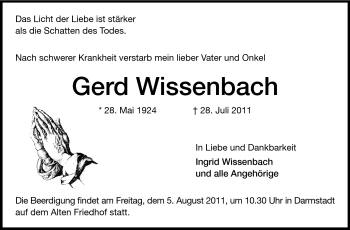 Traueranzeige von Gerd Wissenbach von Darmstädter Echo, Odenwälder Echo, Rüsselsheimer Echo, Groß-Gerauer-Echo, Ried Echo