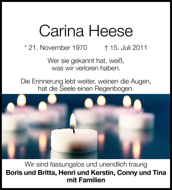 Traueranzeige von Carina Heese von Rüsselsheimer Echo, Groß-Gerauer-Echo, Ried Echo