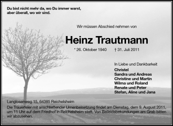 Traueranzeige von Heinz Trautmann von Starkenburger Echo