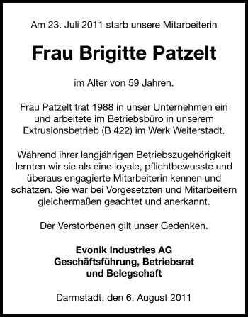 Traueranzeige von Brigitte Patzelt von Echo-Zeitungen (Gesamtausgabe)