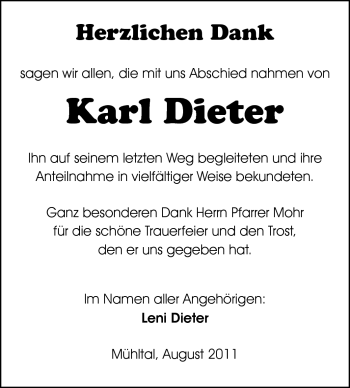 Traueranzeige von Karl Dieter von Echo-Zeitungen (Gesamtausgabe)
