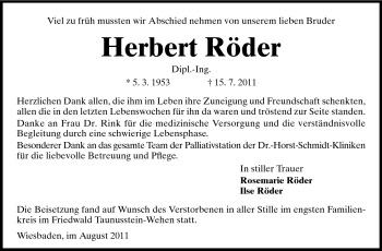 Traueranzeige von Herbert Röder von Echo-Zeitungen (Gesamtausgabe)