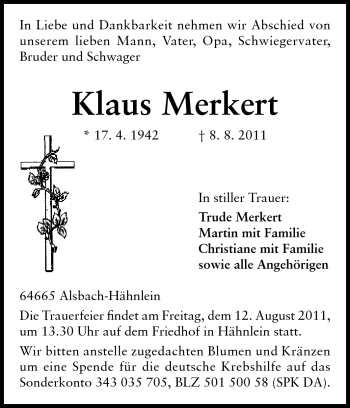 Traueranzeige von Klaus Merkert von Echo-Zeitungen (Gesamtausgabe)