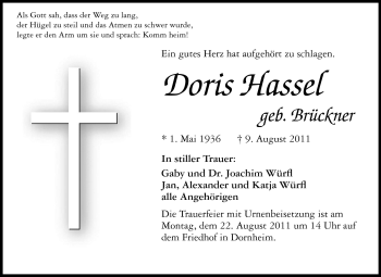 Traueranzeige von Doris Hassel von Rüsselsheimer Echo, Groß-Gerauer-Echo, Ried Echo