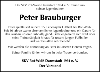 Traueranzeige von Peter Brauburger von Darmstädter Echo, Odenwälder Echo, Rüsselsheimer Echo, Groß-Gerauer-Echo, Ried Echo