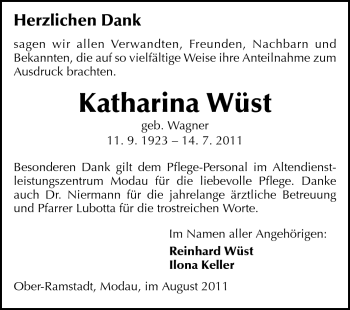 Traueranzeige von Katharina Wüst von Darmstädter Echo, Odenwälder Echo, Rüsselsheimer Echo, Groß-Gerauer-Echo, Ried Echo