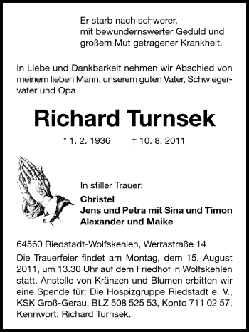 Traueranzeige von Richard Turnsek von Rüsselsheimer Echo, Groß-Gerauer-Echo, Ried Echo