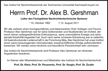 Traueranzeige von Alex Gershman von Echo-Zeitungen (Gesamtausgabe)