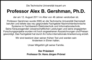 Traueranzeige von Alex Gershman von Echo-Zeitungen (Gesamtausgabe)