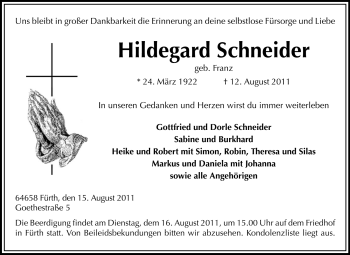 Traueranzeige von Hildegard Schneider von Starkenburger Echo