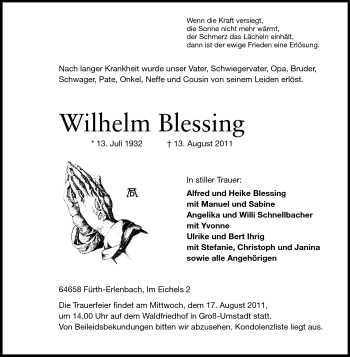 Traueranzeige von Wilhelm Blessing von Starkenburger Echo