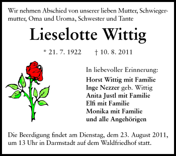 Traueranzeige von Lieselotte Wittig von Echo-Zeitungen (Gesamtausgabe)