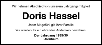 Traueranzeige von Doris Hassel von Rüsselsheimer Echo, Groß-Gerauer-Echo, Ried Echo