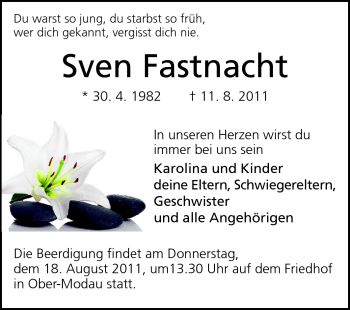 Traueranzeige von Sven Fastnacht von Darmstädter Echo, Odenwälder Echo, Rüsselsheimer Echo, Groß-Gerauer-Echo, Ried Echo