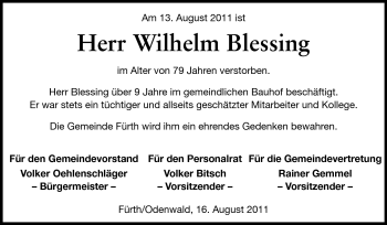 Traueranzeige von Wilhelm Blessing von Starkenburger Echo